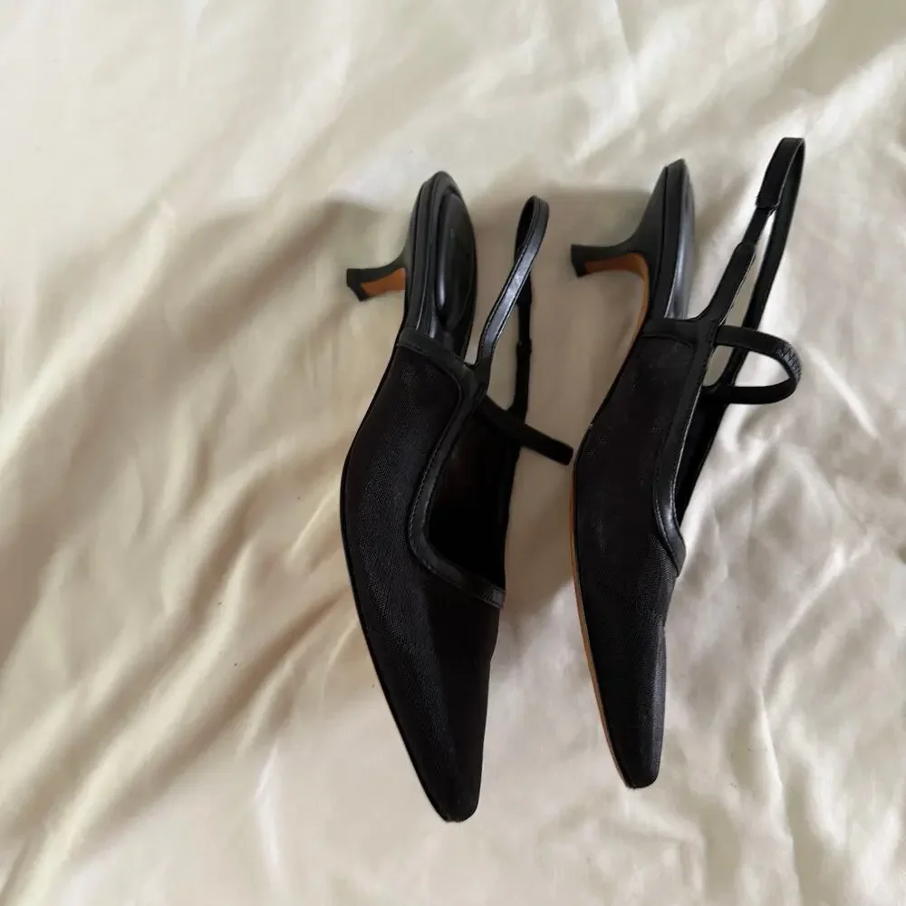 Vince Black Mesh Pointed Toe Mary Jane Strap Kitten Heel 7 Sling Back